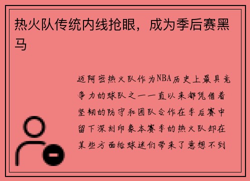 热火队传统内线抢眼，成为季后赛黑马