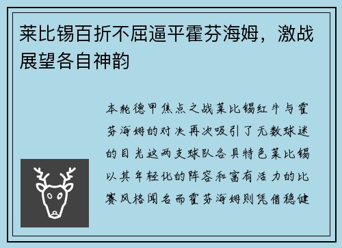莱比锡百折不屈逼平霍芬海姆，激战展望各自神韵