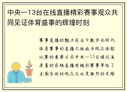 中央一13台在线直播精彩赛事观众共同见证体育盛事的辉煌时刻